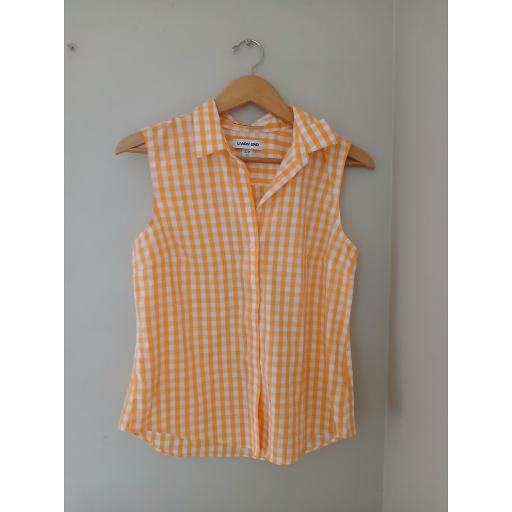 Lands' End No Iron Button Down Blouse Size Small 6-8 Gingham Check Sleeveless